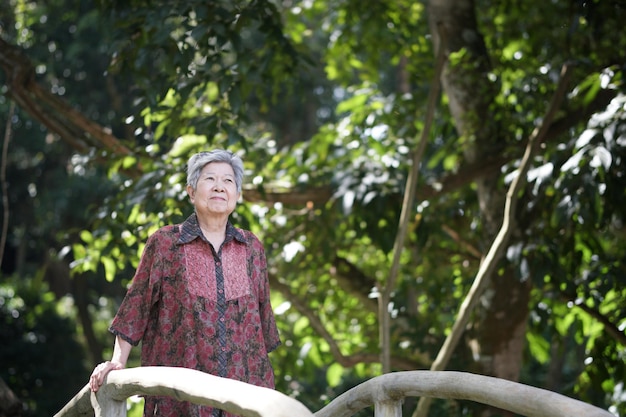 Aziatische oude oudere vrouwelijke oudere vrouw rust ontspannen in de tuin. senior vrijetijds levensstijl