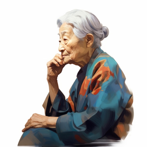 Aziatische oude vrouw in denken en twijfels olie geschilderde illustratie Vrouwelijk personage met dromerig gezicht op abstracte achtergrond Ai gegenereerde acryl canvas heldere poster