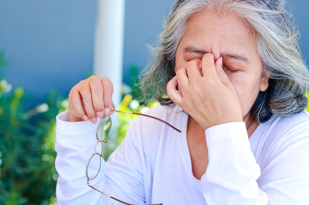 Aziatische oudere vrouwen hebben zichtproblemen Oogpijn hebben Oogziekte bij ouderen cataract diabetische retinopathie