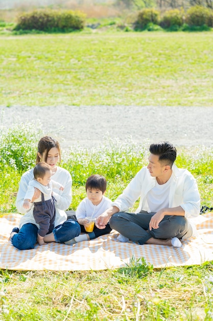 Aziatische ouders en kinderen die van een picknick op groen gebied genieten