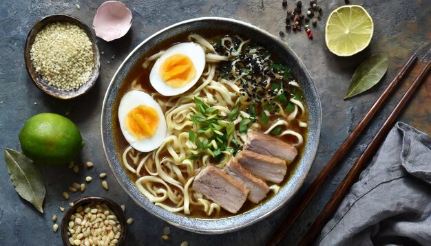 Aziatische ramen soep met vlees, eieren, biet en specerijen