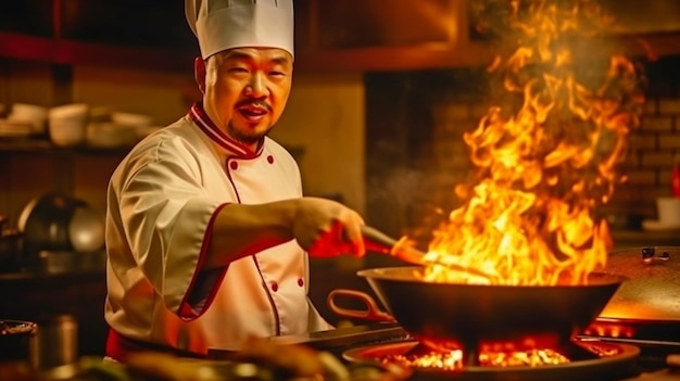 Aziatische restaurantkeuken met een wokpan en geflambeerde Kaukasische hoofdkok Generatieve AI