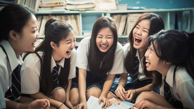 Aziatische schoolmeisjes in uniformen die samen leren en lachen