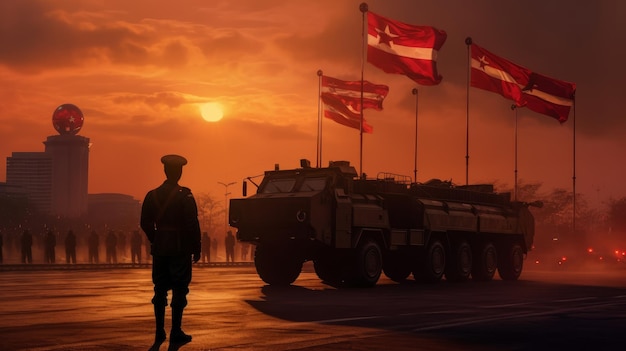 Aziatische soldaat tegen de achtergrond van militaire uitrusting