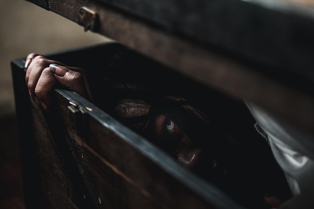 Aziatische spookverschrikking, griezelig eng haar dat gezicht en oog bedekt, liggend in de oude schatkist