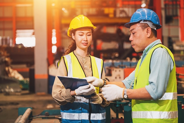 Aziatische teammedewerker die in de fabriek werkt Group of Engineer Asia controleert de productie in de industriële fabriek