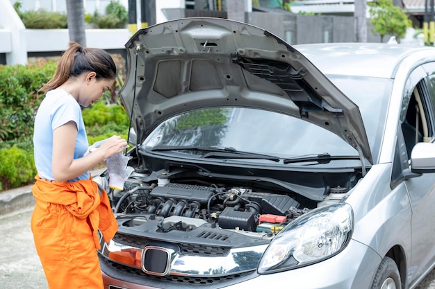 Aziatische vrouw autotechnicus in uniform controle van de motor van een auto