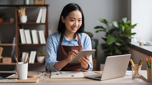 Aziatische vrouw brengt een weekend door voor haar hobby klei beeldhouwkunst online cursus thuis jonge volwassene makin