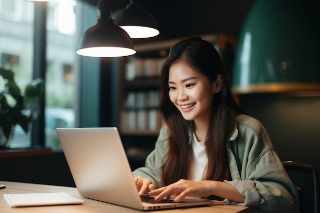 Aziatische vrouw die aan laptop het glimlachen werkt