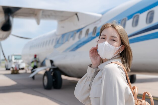 Aziatische vrouw die beschermend gezichtsmasker draagt tijdens covid19-viruspandemie