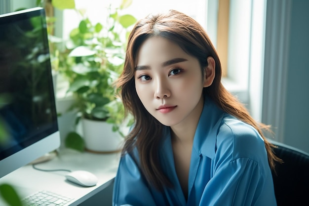 Aziatische vrouw die blauw overhemd draagt dat voor computer zit