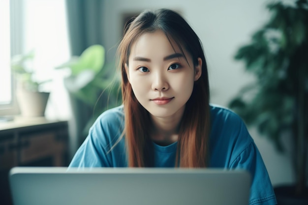 Aziatische vrouw die blauwe t-shirt draagt die met laptop werkt