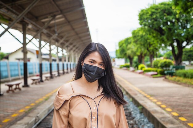 Aziatische vrouw die een masker draagt om het COVID-19- of COVID-19-concept te voorkomen