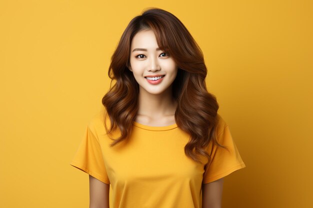 Aziatische vrouw die gele t-shirt draagt die op gele achtergrond glimlacht