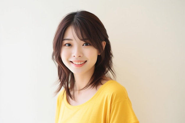 Aziatische vrouw die gele t-shirt draagt die op witte achtergrond glimlacht
