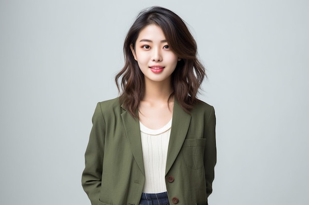 Aziatische vrouw die het groene blazer glimlachen draagt