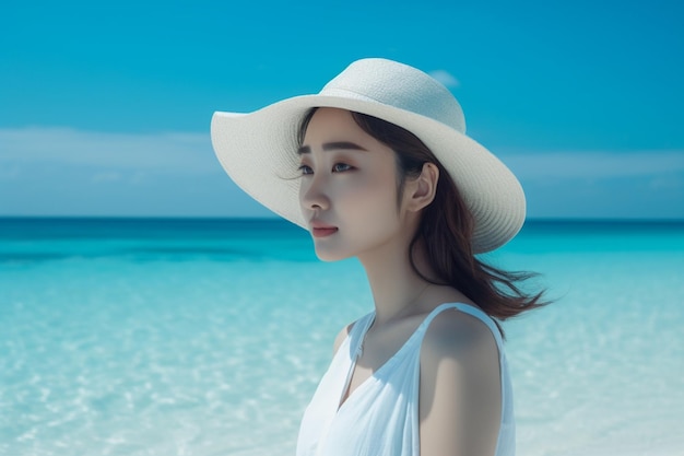 Aziatische vrouw die hoed draagt die zich op strand met blauwe hemel bevindt