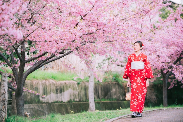 Aziatische vrouw die kimono met kersenbloesems, sakura in Japan draagt.