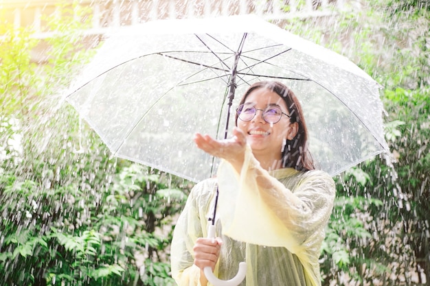 Aziatische vrouw die met paraplu regen controleert.