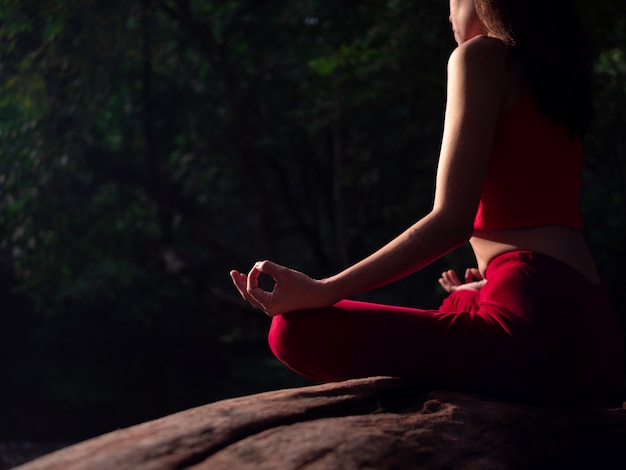 Aziatische vrouw die of yoga praktizeren doen bij de waterval