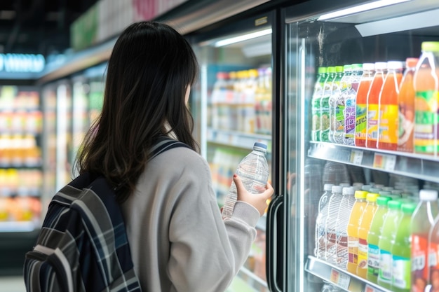 Aziatische vrouw die producten selecteert in de supermarkt
