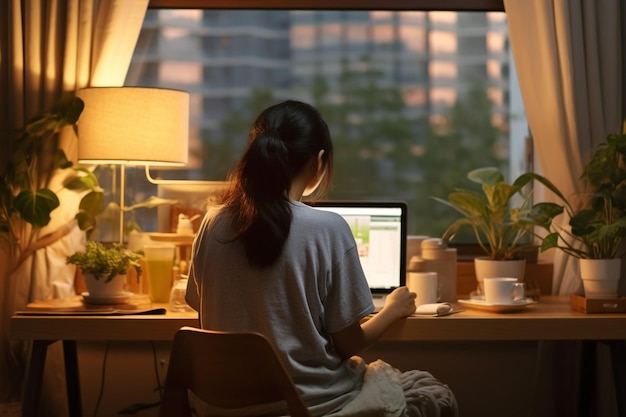 Aziatische vrouw die 's ochtends thuis aan een laptop werkt. Werken vanuit huis concept