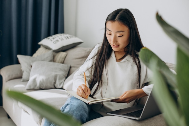 Aziatische vrouw die thuis studeert en op de bank leest