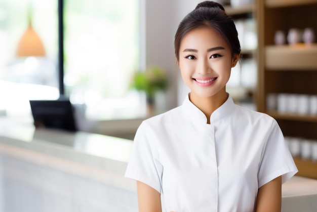 Aziatische vrouw die werkt als receptioniste in een schoonheids spa begroet met een warme glimlach ze belichaamt elegantie en klantenservice en toont de essentie van een positieve werkplek