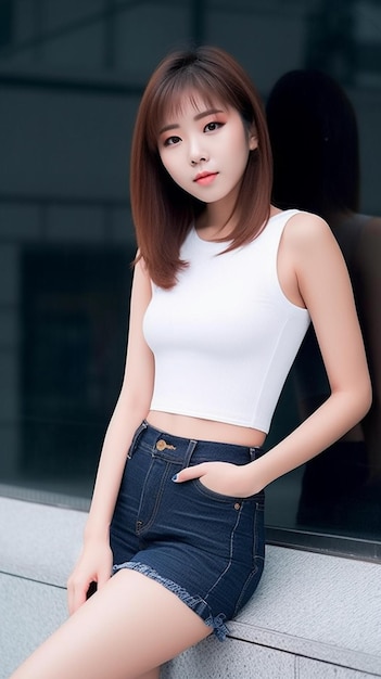 Aziatische vrouw die witte crop top en spijkerbroek draagt