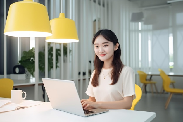 Aziatische vrouw die witte t-shirt draagt die met laptop werkt