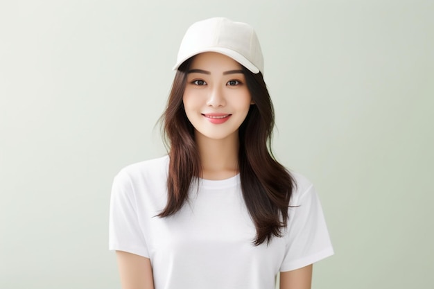 Aziatische vrouw die witte t-shirt en hoed draagt die op witte achtergrond glimlacht