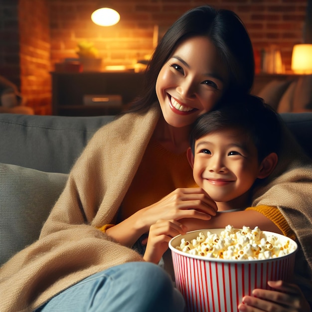 Aziatische vrouw en een jongen zitten op een bank en glimlachen naar een film