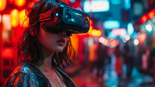 Aziatische vrouw gebruikt futuristische virtual reality headset voor videogames