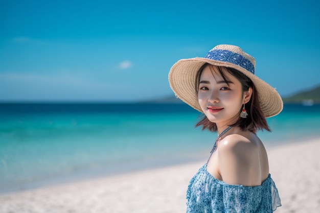 Aziatische vrouw in blauwe jurk en strohoed staande op het strand met blauwe lucht