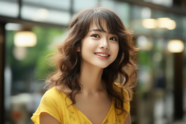 Aziatische vrouw in een gele jurk glimlacht op een wazige achtergrond
