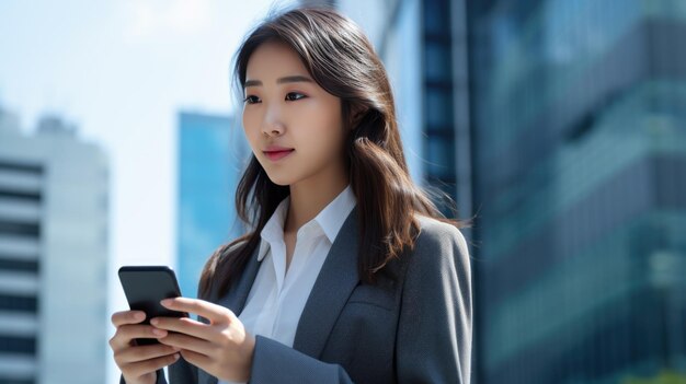 Aziatische vrouw in een zakelijk pak die naar haar smartphone kijkt met moderne wolkenkrabbers op de achtergrond