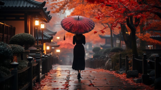 Foto aziatische vrouw in kimono met paraplu in kyoto