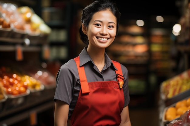 Aziatische vrouw in schort die in een supermarkt werkt.