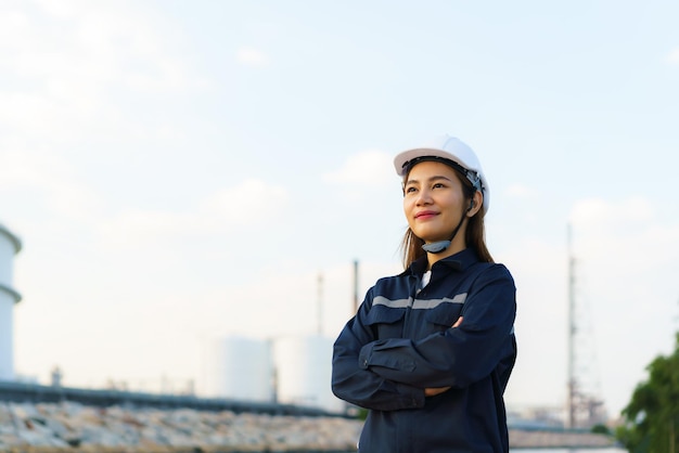 Aziatische vrouw ingenieur arm gekruist en glimlach met vertrouwen kijken uit naar de toekomst met olieraffinaderij fabriek op de achtergrond.