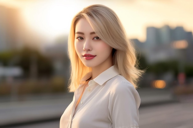Aziatische vrouw met blond haar en wit overhemd staande voor stadsgezicht