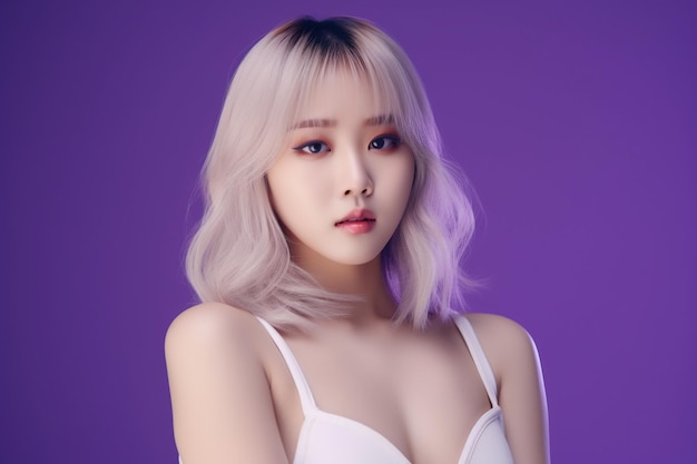 Aziatische vrouw met blond haar en witte top voor paarse achtergrond