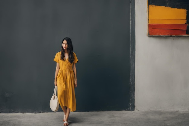 Aziatische vrouw met een geel T-shirt met een gele tas Aziatische vrouwen met een geele T-shirt