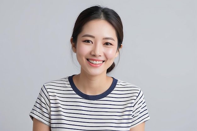 Aziatische vrouw met een gestreepte T-shirt glimlachend