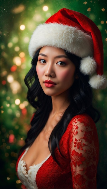 Aziatische vrouw met een kerstmanhoed op kerst achtergrond gedetailleerde en feestelijke rode en groene kleuren
