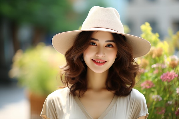 Aziatische vrouw met een t-shirt met een hoed die glimlacht op een wazige achtergrond