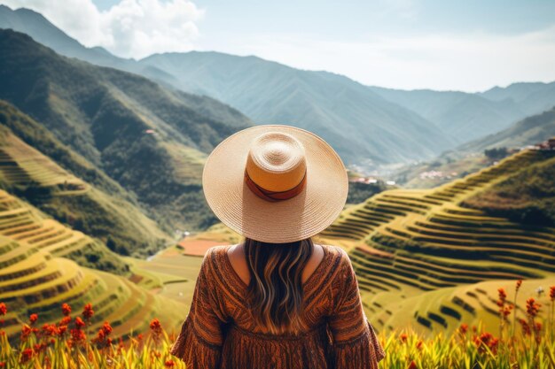 Aziatische vrouw met een traditionele hoed van de Vietnamese cultuur die geniet van rijstterrassen in Vietnam