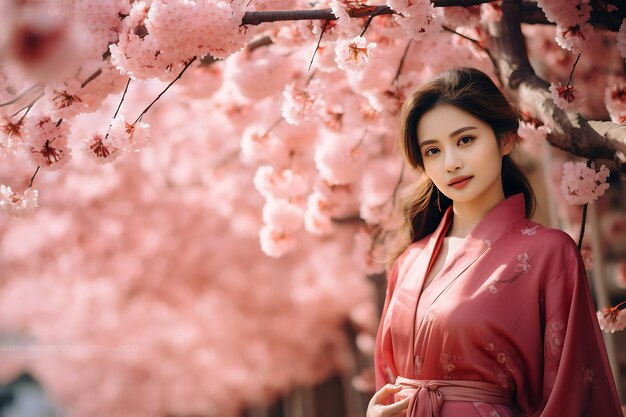 Aziatische vrouw met een traditionele Japanse kimono en kersenbloesem in de lente