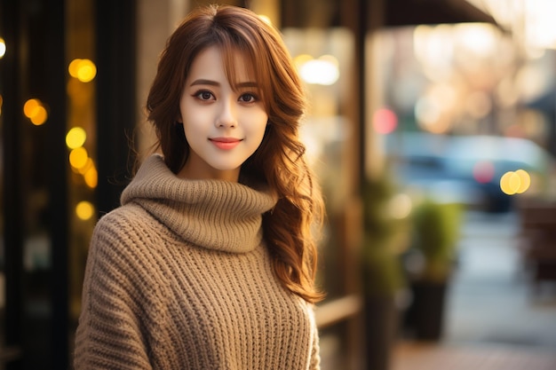 Aziatische vrouw met een trui die glimlacht op een wazige achtergrond