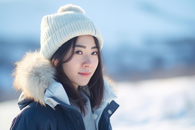 Aziatische vrouw met een winterjas staat in de sneeuw