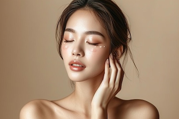 Aziatische vrouw met gloeiende huid en natuurlijke make-up